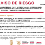 AVISO DE RIESGO SOBRE IRREGULARIDADES POR PARTE DE PRESTADORES DE SERVICIOS EN PROCEDIMIENTOS ESTETICOS: INSTITUTO DE ESTUDIOS SUPERIORES EN MEDICINA Y LA UNIVERSIDAD DEL CONDE