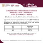 Alerta Sanitaria  actualización sobre la falsificación del producto Sal de Uvas Picot®  2.485 g/ 0.2165 g/ 1.9485 g (Bicarbonato de sodio, Ácido tartárico, Ácido cítrico), polvo
